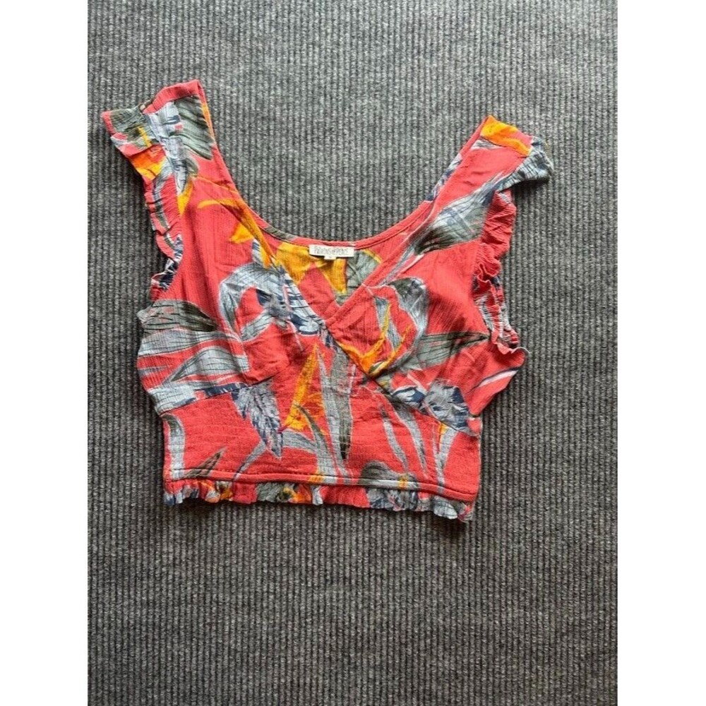 Patrons Of Peace Orange Ruffle Tropical Boho V Neck  CropTop  Feather Print Sz M